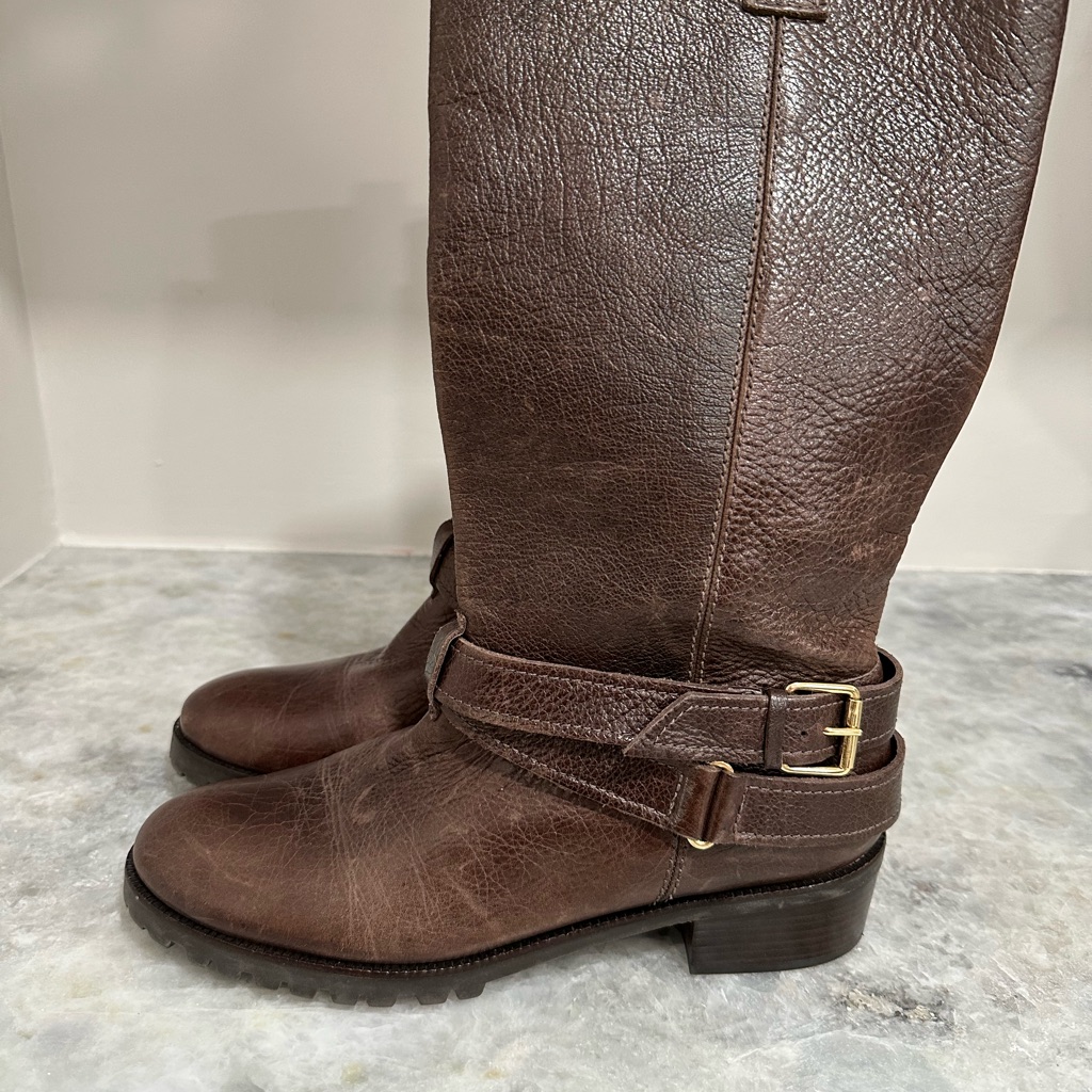 Diane Von Furstenberg Dvf Mid-Calf Moto Boot - Brown Pebble Leather/Gold Accents